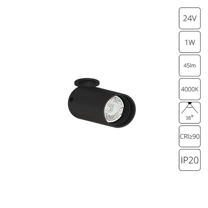 A6181PL-1BK СВЕТИЛЬНИК ЮВЕЛИРНЫЙ ВСТРАИВАЕМЫЙ PRESTO 24В 1Вт 45лм 4000К 90+ 38°